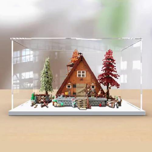 Acryl-Displaybox für Lego 21338 A-Form Holzhaus, transparente staubdichte Displaybox, kompatibel mit Lego 21338 Bauset (Modell nicht im Lieferumfang enthalten) (weißer Sockel)