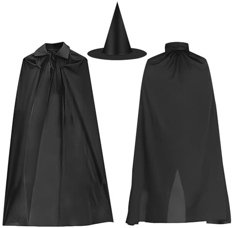 YXHZVON Halloween Cape und Zauberhut Set, Schwarzem Umhang mit Hut für Kinder, Vampirkostüm, Halloween Kostüm Vampirumhang Dracula Cape mit Hexenhut, Halloween Umhang mit Kapuze(Länge 120 cm)