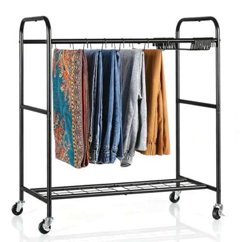 OYEAL Pants Trolley Rolling Pants Hangers Black Pants Rack Stand with 30 Pants Hangers Space Saving Pants Storage Rack with Wheels for Jeans, Scarves, Trousers