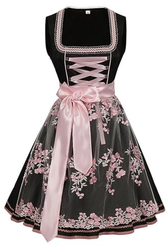 Generisch Dirndl Damen Midi, Dirndlkleid Damen Elegant Lang, Oktoberfest Damen Outfit Dirndl, Dirndl Schürze Komplettsets Spitze Schwarz Rosa, Oktoberfest Kostüm Kleidung