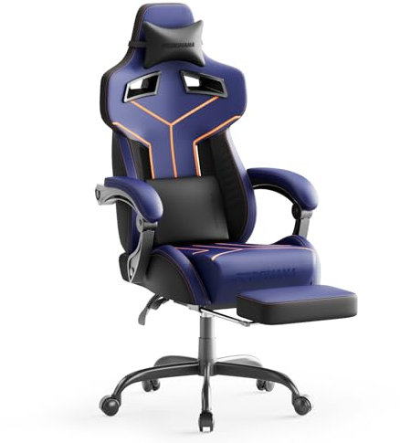 Ferghana Sedia da Gaming Ergonomica,Racing Silla Gamer con Respaldo Regulable,Reposacabezas,Cojín Lumbar,Reposapiés,Regulable en Altura,Silla de Oficina,Silla Gaming para Adulto Niño,Azul F06