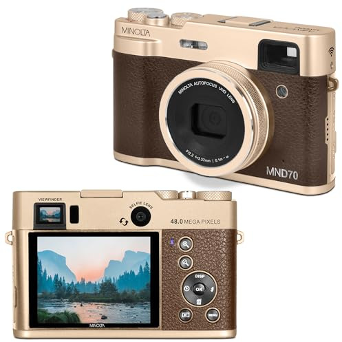 Minolta Retro Digital Camera – 48MP Autofocus Compact with 5K Ultra HD Video, Rear Selfie Lens, 16x Zoom, WiFi, 2.8-inch LCD Screen, Digital Stabilization, Optical Viewfinder, 32GB Card (Gold)