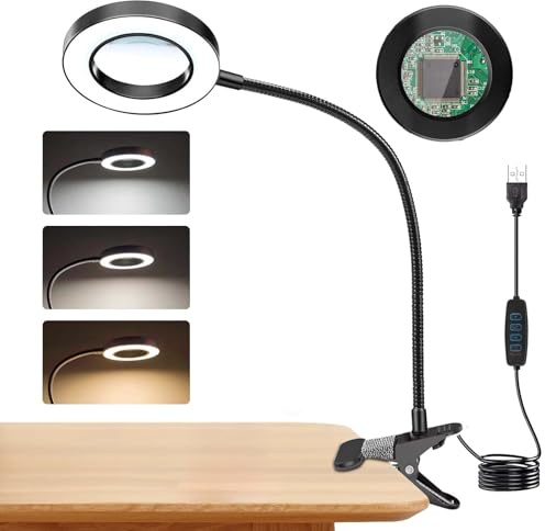 Yuragim Lente d’Ingrandimento 5X con Luce LED, 3 Modalità di Colore Regolabili, Lampada con Lente Ingrandimento Dimmerabile, Ideale per Lettura, Riparazioni, Hobby, Artigianato, Lavori di Precisione