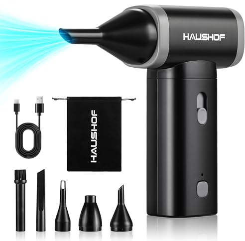 HAUSHOF 8V Electric Air Duster, 110000 RPM Powerful Dust Blower with Adjustable Speeds, Type-C Fast Charging & 4 Blow Nozzles, Compressed Air Duster for PC, Keyboard, Sofa, Car & Outdoor Cleaning
