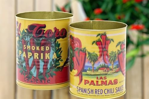 Set of 2 Decorative Replica Mediterranean Chilli Cans - 2 Mediterranean style Retro Chilli Metal Storage Tin Set -Vintage Style Metal Food Display Cans. Ideal for plants, pens, keys, cutlery.
