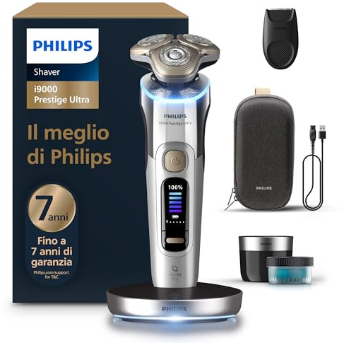 Philips Shaver i9000 Prestige Ultra, Wet & Dry Electric Shaver, Chrome, Skin IQ Pro Technology, Triple Lift & Cut System, 360 Rotating NanoTech Precision Blades, 5 Shaving Modes, Model XP9404/31