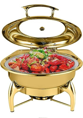 CWCQGH Chafing Dish da 6 Litri per Banchetti Nuziali, Set scaldavivande visibile in Acciaio Inox, Include teglia per Cibo, teglia per Acqua, Porta combustibile,Gold