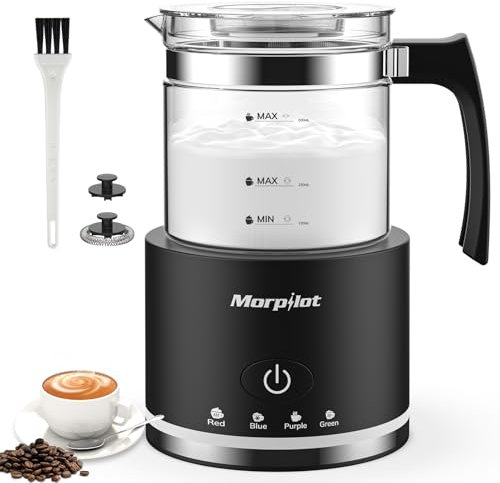 Morpilot Montalatte elettrico, 500 ml, 600 W, 4 in 1, montalatte per acqua calda e fredda, lavabile in lavastoviglie, vetro visivo, design latte, nero