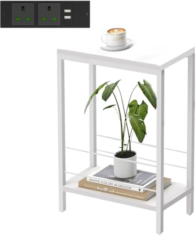 DEILALY Narrow Side Table, End Table with Charging Station, 3-Tier Nightstand, Bedside, Small Spaces with USB Ports, TypeC, Outlet, Drawer, for Living Room, White
