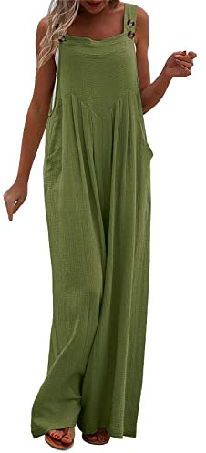 Generico Salopette Lino Donna, Jumpsuit Donna Sportiva Senza Maniche Elegante Comoda Salopette Larga Spalline Gamba Larga Jumpsuit Casual con Tasche per Spiaggia Vacanza