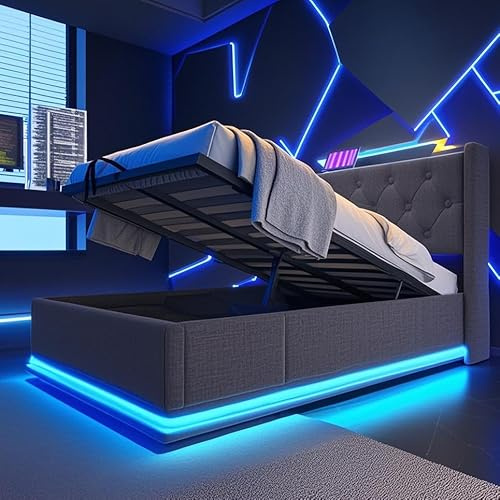 Polsterbett Einzelbett 90x200, LED Kopfteil mit USB Typ-C Ladefunktion & Staufach, Jugendbett Hydraulisch Stauraumbett Funktionsbett Bettgestell mit Stauraum & Lattenrost, Linen, Ohne Matratze, Grau