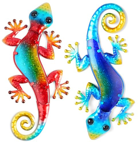 AOOSU Metal Decor Gecko Art Decor, Wrought Iron Colorful Gecko Wall Sculptures, Outdoor Garden Fence Ornaments Hanging for Backyard Porch Patio（30.5 * 18cm 2pcs）