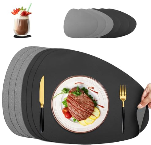 Torven Tischsets abwaschbar Platzsets abwaschbar Oval Lederoptik 6er Set | Doppelseitig, rutschfest, wasserdicht – für Küche, Esszimmer, Büro. 6 Platzsets + 6 Untersetzer, Grau/Schwarz.