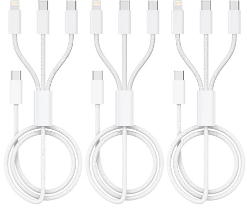 USB C till multi USB-kabel [3 stycken 1,2 m] 3-i-1 universell laddningskabel snabb laddningskabel flera gånger med mikro-USB typ C belysningskabel för iPhone, Android Galaxy, Huawei, Oneplus, Sony
