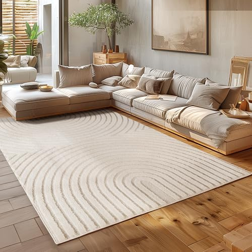 HomebyHome Teppich Läufer 60x110 cm Creme Hochflor Skandi Boho Design Hoch-Tief Effekt Weicher Shaggy Langflor Flauschig Robust Pflegeleicht Modern für Schlafzimmer, Flur