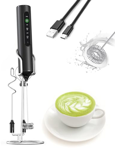 3-in-1 Elektrischer Milchschäumer mit Ständer, wiederaufladbare LED-Anzeige & 3 Geschwindigkeiten - Tragbarer Mixer für Kaffee, Protein-Shakes, Backen - Macht Latte, Matcha-Schaum - Schwarz