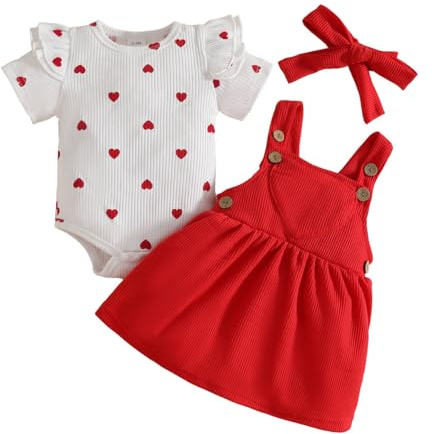 LUVCES 3 Piezas Conjunto Falda con Tirantes de Pana para Niña Recién Nacida Top Acanalado con Corazón y Diadema Ropa Bonita para Otoño e Invierno San Valentín Corazón rojo de amor 12-18 Meses
