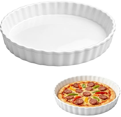 Yuhtech Moule à quiche en céramique - 26 cm - Blanc - En porcelaine - Anti-adhésif - Pour gâteaux, pizzas, pâtes