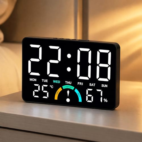 CEWROM Digital väckarklocka med ljus, stor LED digital klocka, modern larmklocka, bordsklocka med temperaturvisning och kalender, väckarklocka digital radioklocka precision, hög väckarklocka för