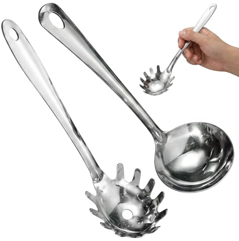 2-Piece Spaghetti Spoon, Soup Ladle Kitchen Utensil Set with Square Tail Handles for Serving Soup and Pasta