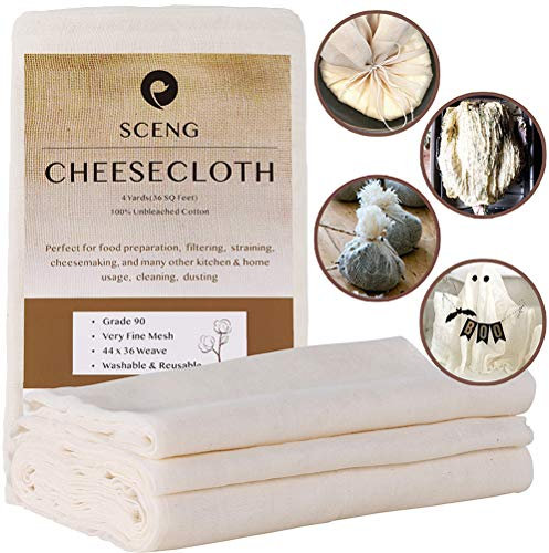 Cheesecloth Grade 90 36 Sq Feet Reusable 100% Unbleached Cotton Fabric Ultra Fine Cheesecloth for Cooking - Nut Milk Bag Strainer Filter (Grade 90-4Yards)