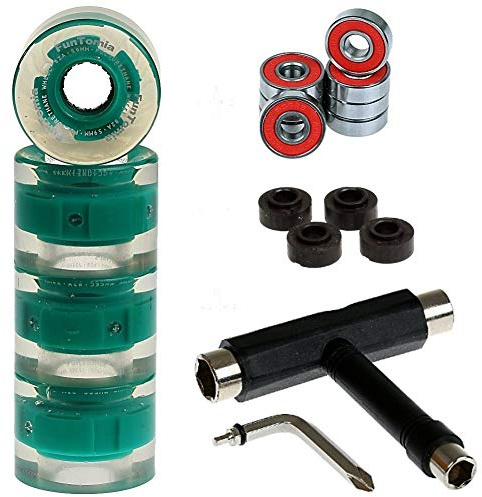 FunTomia 4 Pezzi LED Longboard/Skateboard/Miniboard Ruote (Big Wheels) 59x45 mm 82A incl. Mach1 Cuscinetti a Sfera, Magnete Spacer e T-Tool (Arancione LED) (4X Ruote LED Turchese + T-Tool)