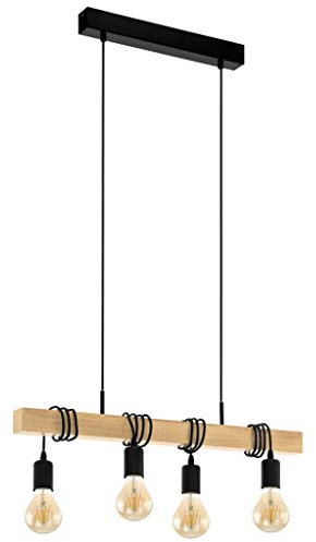 Eglo Lampada a sospensione Townshend, lampada rustica retrò in design industrial e vintage, lampada da sala da pranzo in legno a 4 punti luce, con attacco E27