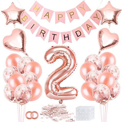 2 Jahre Geburtstag Rosegold Luftballon, Happy Birthday Banner & Konfetti - Mädchen Geburtstagsdeko