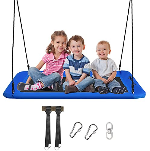 RELAX4LIFE Balançoire Nid d’Oiseau Rectangulaire pour Enfants Réglable en Hauteur 120-180 CM，Chaise Suspendue avec Siège Spacieux 150X80 CM,Charge Max 300KG pour Intérieur et Extérieur (Bleu)