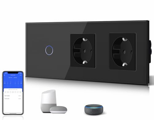 BSEED Interruptor Inteligente WIFI,Interruptores Tactil Con Cristal,Compatible con Alexa,Tuya y Smart Life,Requiere Cable Neutro,1 Gang 1 Vía + 2 Enchufes,228mm Negro