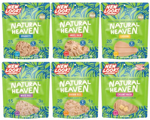 Natural Heaven Hearts of Palm Variety 6-Pack – Spaghetti Noodles, Angel Hair Pasta, Lasagna, White & Brown Rice, Creamy Mash, Low-Calorie, Keto & Gluten-Free Food, 9 Oz Ea