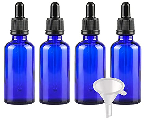 BasicPacking 4 Stück 50ml Blau Glas Pipettenflasche, Leere Kleine Glasflasche mit Pipette Originalitätsverschluss, Glaspipette Tropfflasche für ätherische Öle Aromatherapie + 1x Trichter
