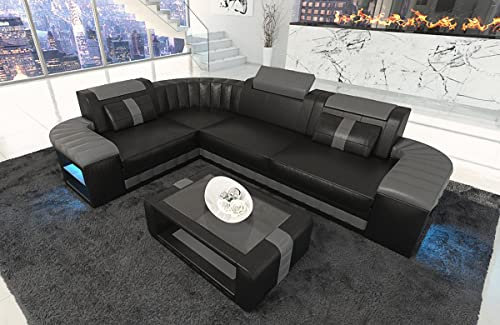 Sofa Bergamo Leder L Form Ecksofa Ledersofa mit Beleuchtung Couch mit Kopfstützen (Ecke Links, Schwarz-Grau)