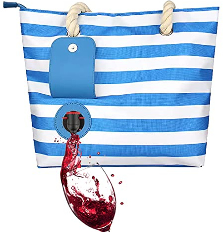 Famolay Beach Wine Tote Bag, Wine Cooler Bag Leakproof Insulated Purse Carrier with Spout Hidden Compartments, Holds 2 bottles of Wine for Travel, BYOB Restaurant, Party, Dinner