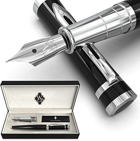 Wordsworth & Black Füllfederhalter-set, 18 Karat Vergoldete Mittlere Und Extrafeine Federn, 6 Tintenpatronen Und Nachfüllkonverter, Geschenketui, Stifte Mit Glattem Schreibgefühl [Schwarzes Chrom]