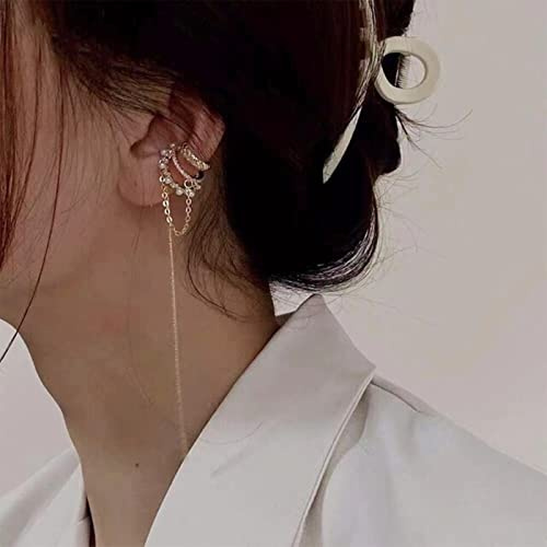 1 Stück Elegant Keine Durchbohrten Ohrclips Frauen Silber Gold Farbe Lange Quaste Kette Perle Zirkon Ohr Manschette Mode Ohrring Trendige Schmuck