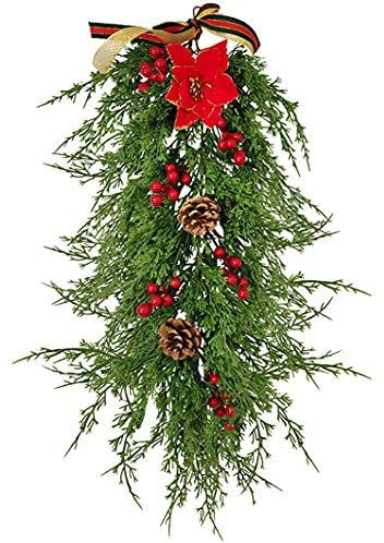 Künstliche Weihnachtsgirlande in Tropfenform, Winter-Tannenzapfen, grün, mattiert, rote Beeren, gemischte Glocke, Weihnachtsgirlande, realistische Tropfenkränze für drinnen und draußen, Urlaub