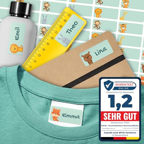 Namensaufkleber für Kinder (54 Stk. 30x13 mm) - Wasserfeste Namensschilder für Kleidung, Textilien und Gegenstände - Optimal für Kita, Kindergarten und Schule - Schöne Motive personalisierbar