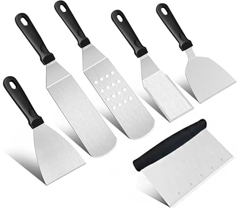 Burger Set 6TLG. Grillspachtel Set aus Edelstahl, Grill Zubehör, Grillbesteck und BBQ Plancha Zubehör Set, Für Burgerpresse, Teppanyaki-Grills und Camping