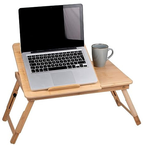 Laptoptisch Verstellbar - Bettisch für Laptop - Laptop Ständer Bett - 21,5 x 27,5 cm - Betttisch Klappbar - mit Getränkehalter und Tablet-Steckplatz – Bambusholz, Braun