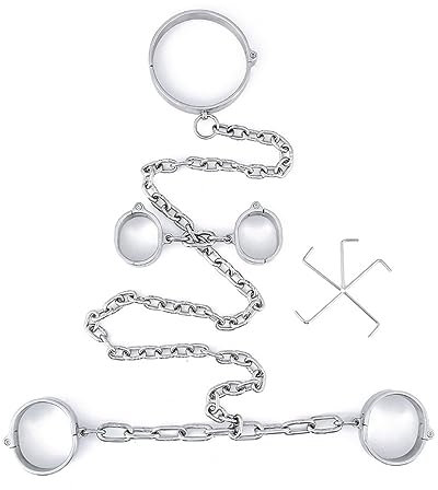 LIMKOO Edelstahl Abschließbar Handschellen/Handfesseln Fußfesseln + Halsband mit Kette, Metall Extrem BDSM Bondage Kit/Fesselset, Fetish Sklave Sexspielzeug für Frauen Männer Paare,Männlich