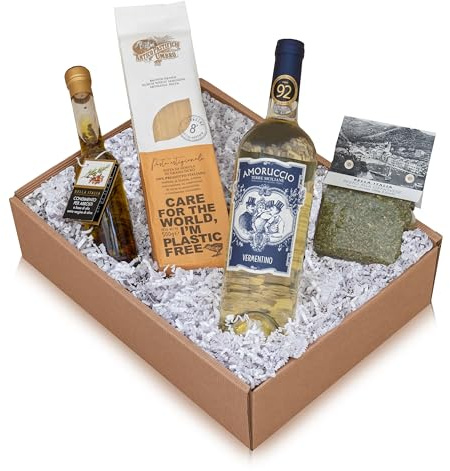 The Wine Guys Wein Geschenkset La Dolce Vita - Wein, Pasta & Olivenöl | Kulinarisches Geschenkset mit Vermentino, Linguine, Pesto & Kräuter-Olivenöl – fertig verpackt in Geschenkbox