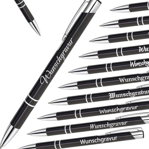 polar-effekt Metall Kugelschreiber 1 Stück mit Gravur - personalisierter Stift in Schwarz - Mitbringsel Geschenke - Druckkugelschreiber ergonomisches Design - blaue Schreibmine