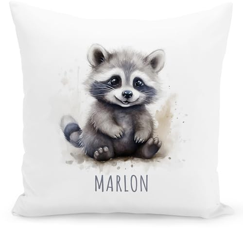 Waschbär Kissen personalisiert mit Namen als Kuschelkissen für Kinder | Personalisiert, weicher Bezug inkl. Füllung, Kinderzimmer Deko, für Jungen & Mädchen, Dekokissen