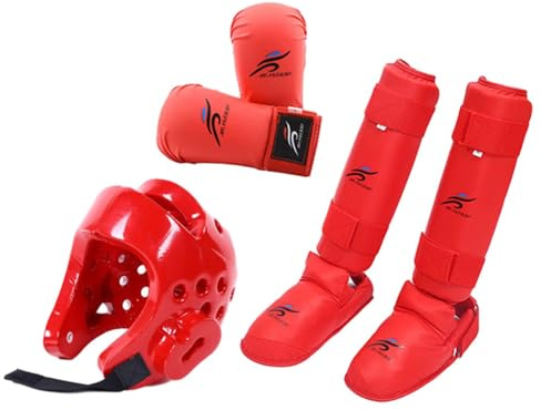 Harilla Ensemble D'équipement de Karaté avec Protège-Tibias, Couvre-Chef de Boxe D'entraînement, pour Arts Martiaux, Sanda, Grappling, Rouge S