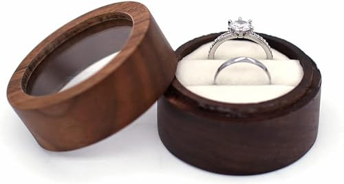 Changbloom Mini-Ringbox für Verlobungsringe mit doppeltem Schlitz, personalisierte Ringbox aus Holz, rund, für Eheringe, elegant und Retro, Zeremonie (kreisförmig, weiß, mit Fenster)