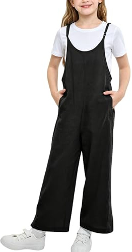 Rolanko Girls Jumpsuit Adjustable Spaghetti Strap Loose Overalls Rompers, Cotton Baggy Plain Playsuits with Pockets for Age 5-12 Years