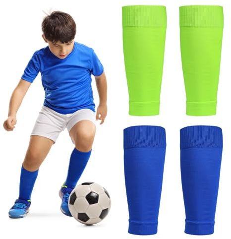 Manchon Chaussette Football Enfant, 2 Paires de Protège -Jambes de Football Haute Chaussettes de Football Enveloppant Les Protège - Jambes de Sport Vert et Bleu pour Les 8-13 Ans