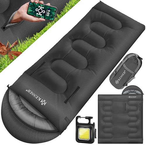 KESSER® Schlafsack Outdoor 220cm x 83cm | Deckenschlafsack 3-4 Jahreszeiten | Camping-Sleeping-Bag für Erwachsene | Leicht Tragbar Warm & Wasserabweisend inkl. Campinglampe & Seitentasche Anthrazit