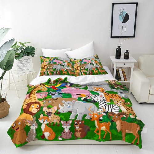 ANHOPE Dschungel Safari Tier Bettwäsche Set 3 Teilig Bettbezug 240x220 cm + 2 Kissenbezug 80x80 cm Weich Microfaser Bettbezüge Set mit Reißverschluss Bettdeckenbezug für Kinder Jungen Mädchen